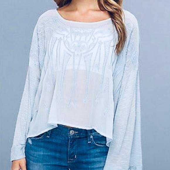 Free People Pandora Slate Blue Embroidered Sheer Blouse, Size Medium - Picture 3 of 11